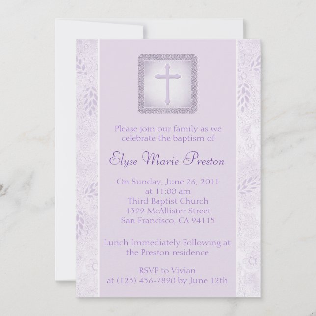 Invitación Bautismo de lavanda/Invitación a la cristiandad (Anverso)