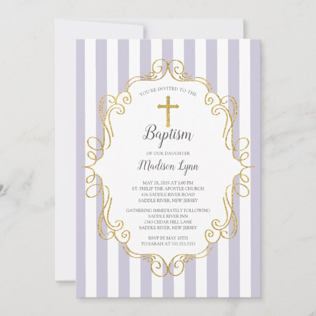 Invitación Bautismo de los chicas del marco de la lavanda y (Anverso)