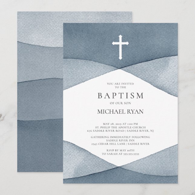 Invitación Bautismo de los niños con acuarela gris (Anverso / Reverso)