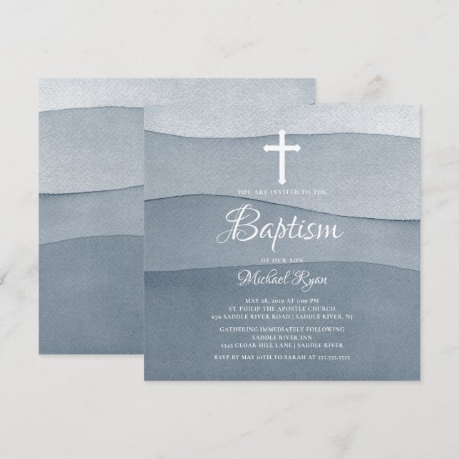 Invitación Bautismo de los niños con acuarela gris (Anverso / Reverso)