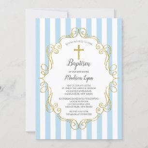 Invitación Bautismo de los niños con marco azul y dorado