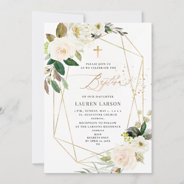 Invitación Bautismo de los Rosas elegantes H2 Alabaster Cream (Anverso)