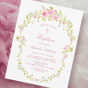 Invitación Bautismo de marco de rosas rosas rosas rosadas