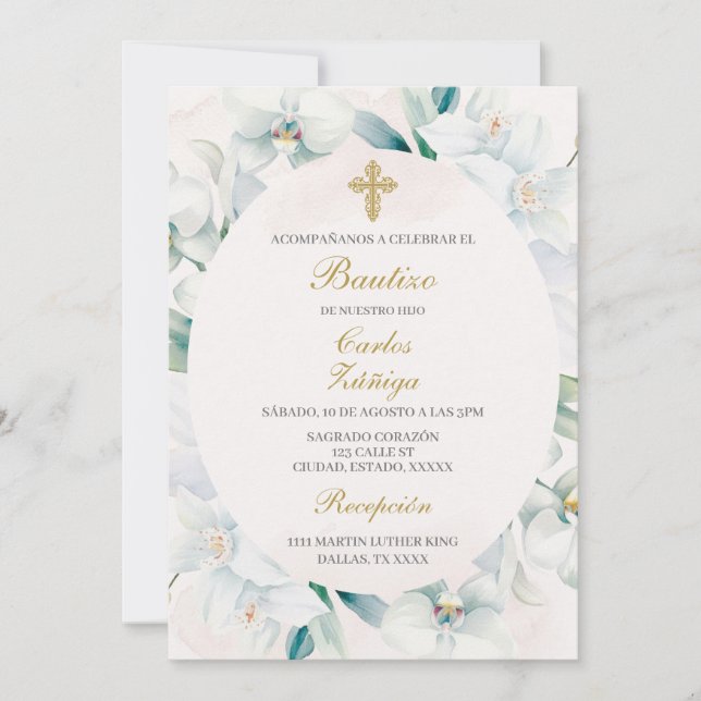 Invitación Bautismo de marco floral blanco para el niño (Anverso)
