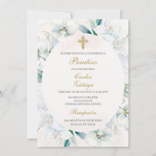 Invitación Bautismo de marco floral blanco para el niño
