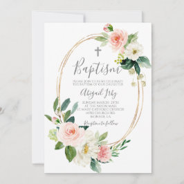 Invitación Bautismo de marco floral rosado