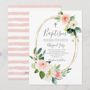 Invitación Bautismo de marco floral rosado