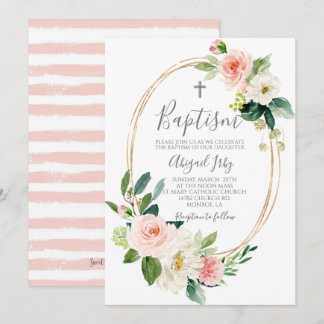 Invitación Bautismo de marco floral rosado