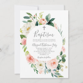 Invitación Bautismo de marco floral rosado