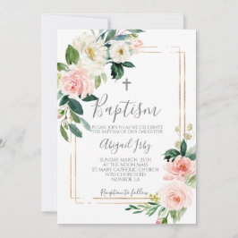 Invitación Bautismo de marco floral rosado
