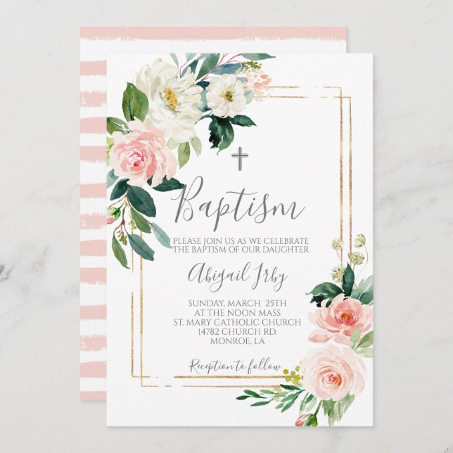 Invitación Bautismo de marco floral rosado (Anverso / Reverso)