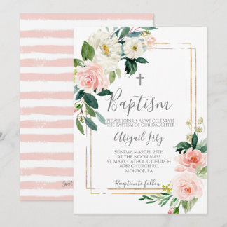 Invitación Bautismo de marco floral rosado