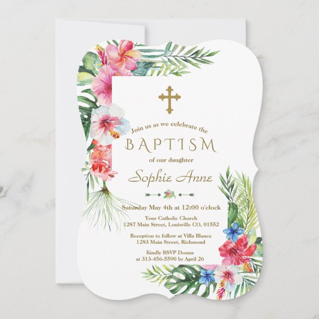 Invitación Bautismo de marco floral tropical hawaiano exótico (Anverso)