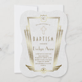 Invitación Bautismo de Monograma Art Déco Blanco Dorado Real