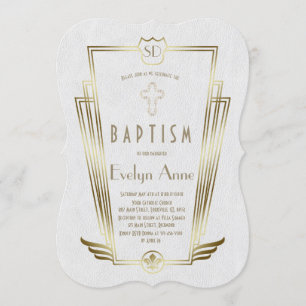 Invitación Bautismo de Monograma Art Déco Blanco Dorado Real