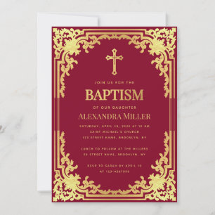 Invitación Bautismo de niña Borgoña Falso Oro Religioso Vinta