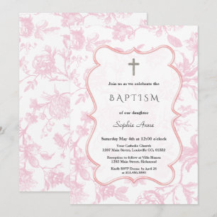 Invitación Bautismo de niña con flores de toile rosa vintage