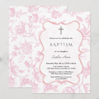 Invitación Bautismo de niña con flores de toile rosa vintage