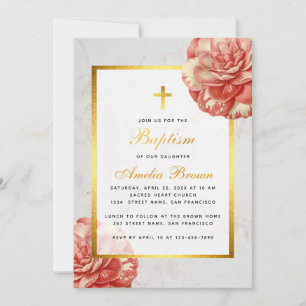 Invitación Bautismo de Niña Floral Camelia Rosa Mármol Dorado