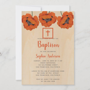 Invitación Bautismo de niña Poblado rústico Amapolas rojas Ma
