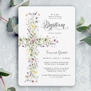Invitación Bautismo de niña Wildflower Floral Cruz