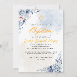 Invitación Bautismo de niño acuarela azul moderna religiosa