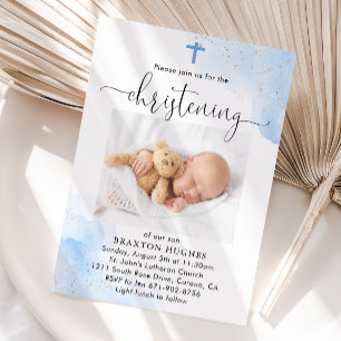 Invitación Bautismo de niño azul y plata