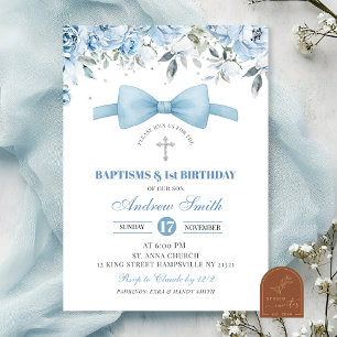Invitación Bautismo de niño azul y primer cumpleaños