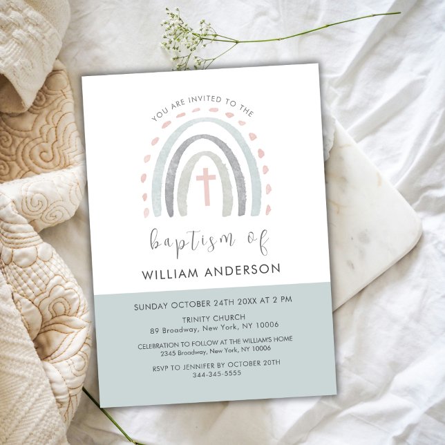 Invitación Bautismo de niño con cruz arco iris verde mínimo B (Green Minimal Boho Rainbow Cross Boy Baptism Invitation)