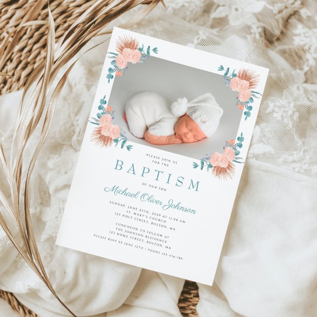 Invitación Bautismo de niño con elegancia floral verde (Green Floral Elegant Boy Photo Baptism Invitation)