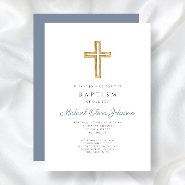 Invitación Bautismo de niño con escritura azul turbio (Religious Cross Dusty Blue Script Boy Baptism Invitation)