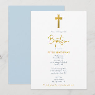 Invitación Bautismo de niño con guión escrito de cruz de oro