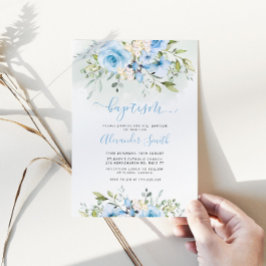 Invitación Bautismo de niño floral azul acuarela