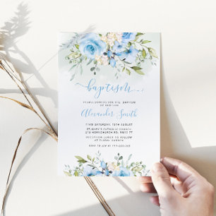 Invitación Bautismo de niño floral azul acuarela