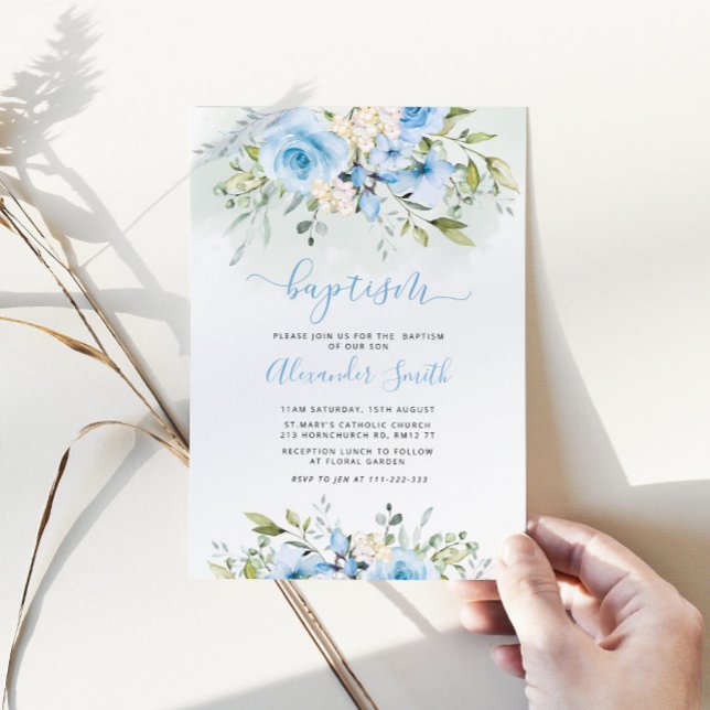 Invitación Bautismo de niño floral azul acuarela (Subido por el creador)