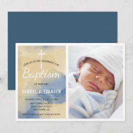 Invitación Bautismo de niño fotográfico, azul acuarela y oro