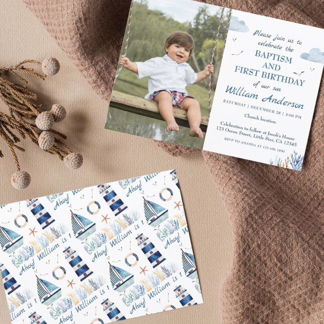 Invitación Bautismo de niño náutico y foto de primer cumpleañ (Subido por el creador)
