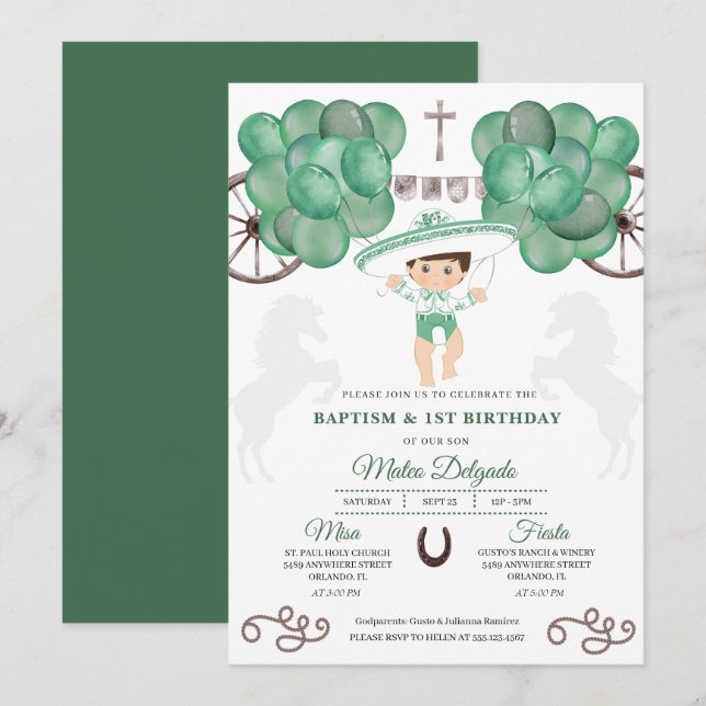Invitación Bautismo de niño niño Charro verde esmeralda (Anverso / Reverso)