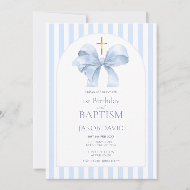 Invitación Bautismo de niño y primera franja azul de cumpleañ (Anverso)