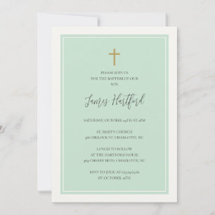 Invitación Bautismo de niños cruz dorada minimalista aqua azu