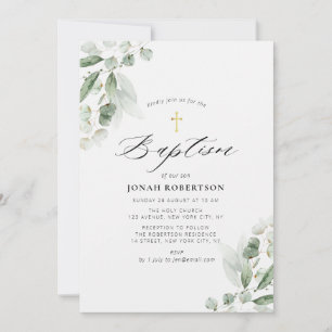 Invitación bautismo de oro de eucalipto verde
