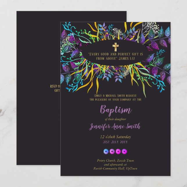 Invitación Bautismo de oro morado invita a hojas florales (Anverso / Reverso)