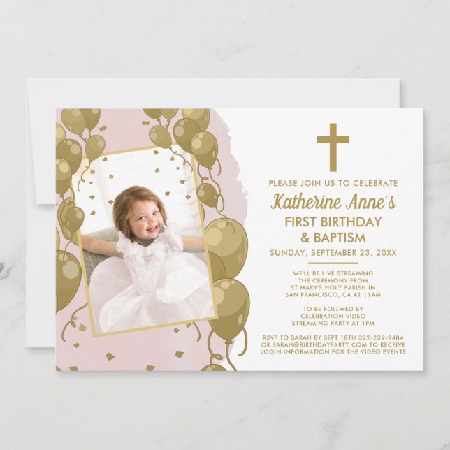 Invitación Bautismo de oro rosado 1er cumpleaños foto de text (Anverso)