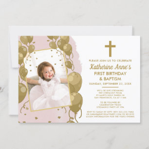 Invitación Bautismo de oro rosado 1er cumpleaños foto de text