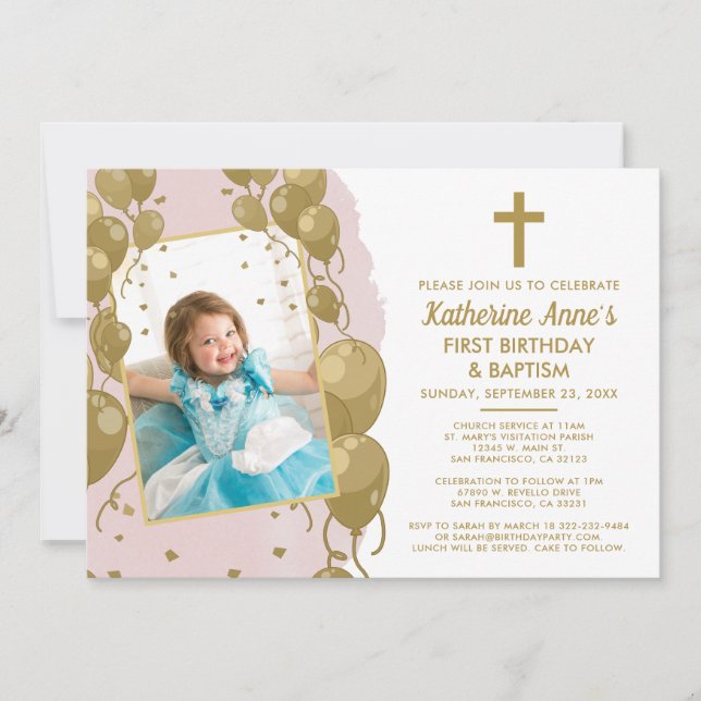 Invitación Bautismo de oro rosado 1er cumpleaños Foto de text (Anverso)