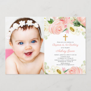 Invitación Bautismo de oro rosado y chica de foto de primer c