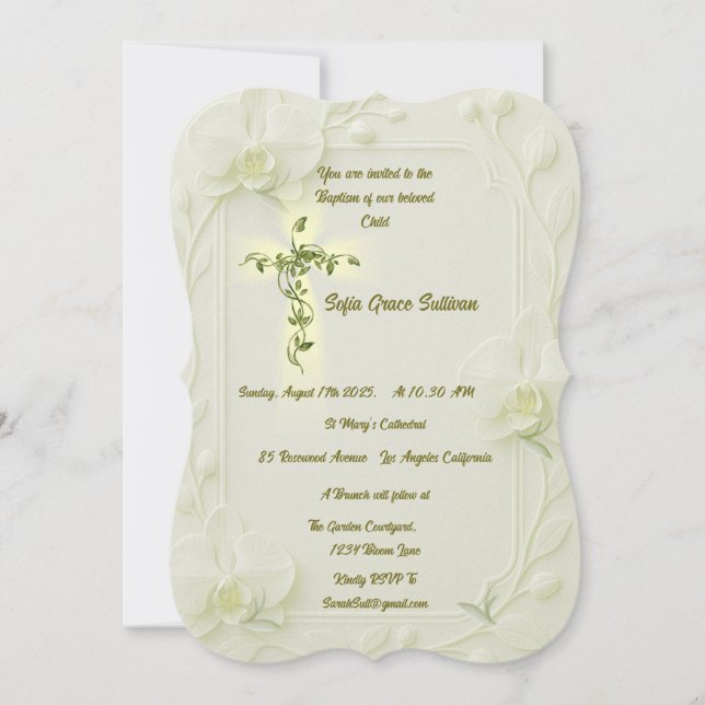 Invitación Bautismo de Orquídea Blanca y Vid  (Anverso)