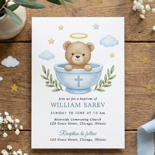 Invitación Bautismo de osito de peluche Aquarela Nubes azules