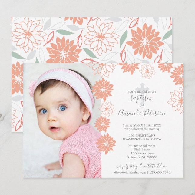 Invitación Bautismo de patrón floral de durazno mate Chica (Anverso / Reverso)