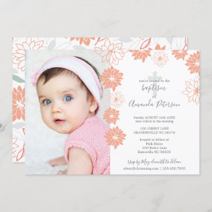 Invitación Bautismo de patrón floral de durazno mate Chica